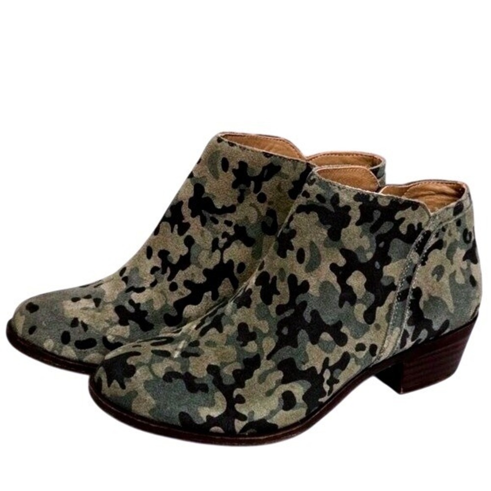 Lucky Brand Camo Suede Ankle Booties Green Grey Camouflage Zip Boots 6.5